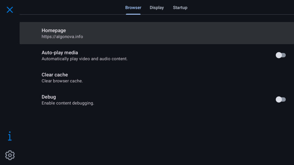 Radiant Browser browser settings screen