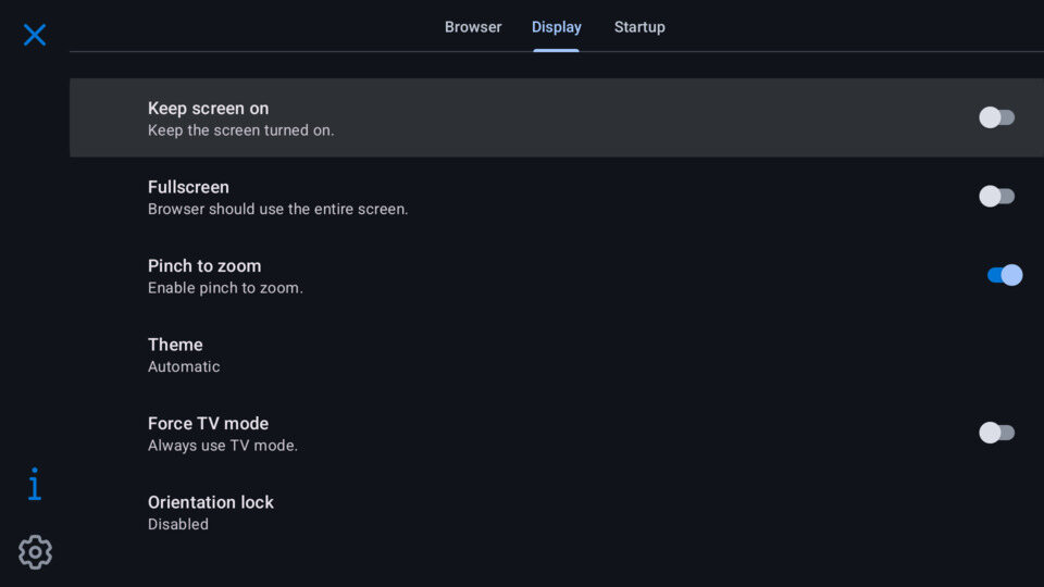Radiant Browser display settings screen
